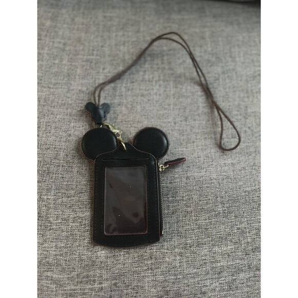 Happy Dream Mickey Mouse Lanyard Leather Black Gold Ears Card Money Coin Holder - Picture 1 of 4